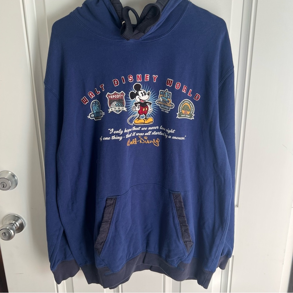 Vintage Disney Parks Mickey Mouse Hoodie Sweatshirt Blue Embroidered Logo L XL - Picture 2 of 9